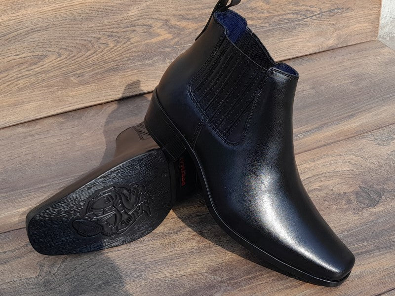 Botín Chelsea, color negro pintado a mano en punta dubay, taco aperillado para hombre (ID#B077-NEGRO)