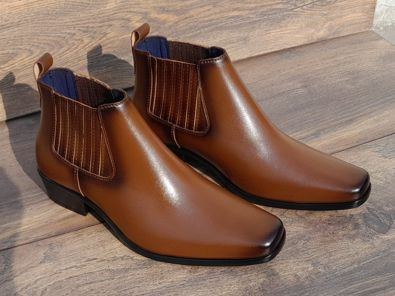 Botín Chelsea, color apache pintado a mano en punta dubay, taco aperillado para hombre (ID#B077-APACHE)