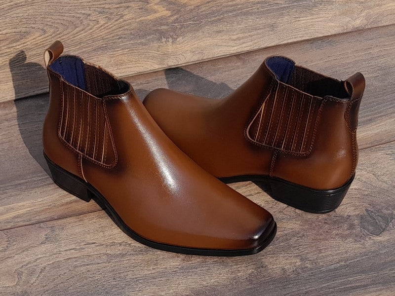 Botín Chelsea, color apache pintado a mano en punta dubay, taco aperillado para hombre (ID#B077-APACHE)