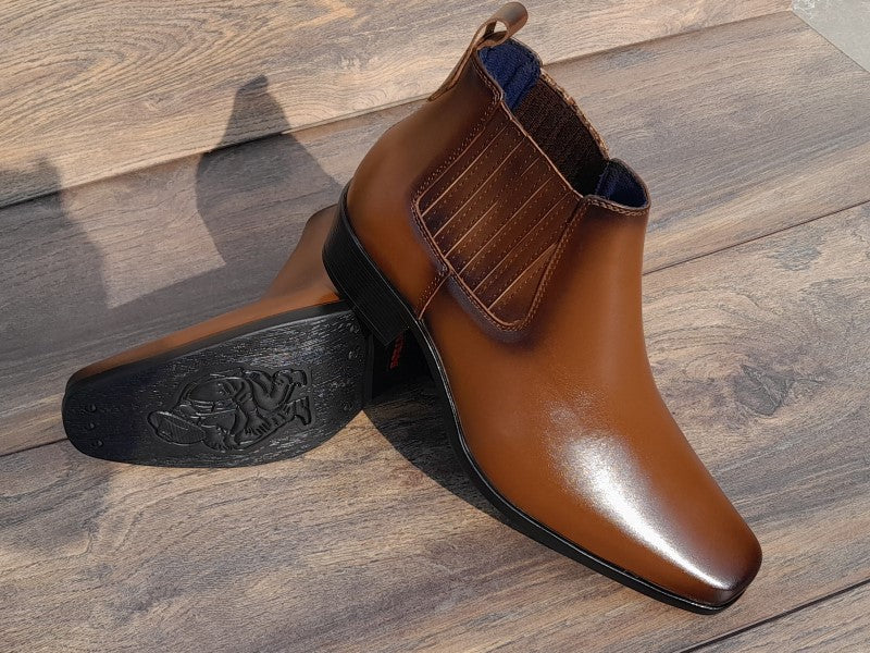 Botín Chelsea, color apache pintado a mano en punta dubay, taco aperillado para hombre (ID#B077-APACHE)