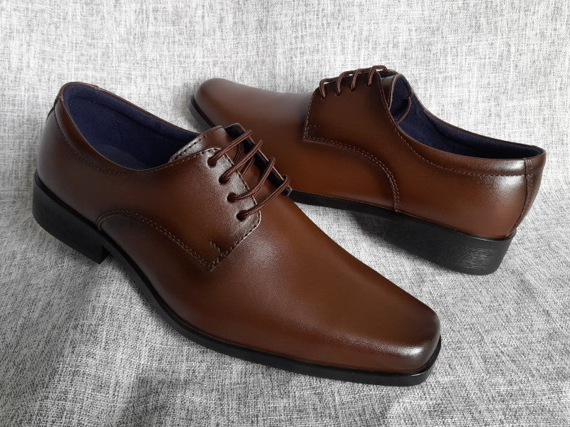 Zapatos Derby de punta dubay para hombre, color marrón, pintados a mano (ID#C046-MARRON)