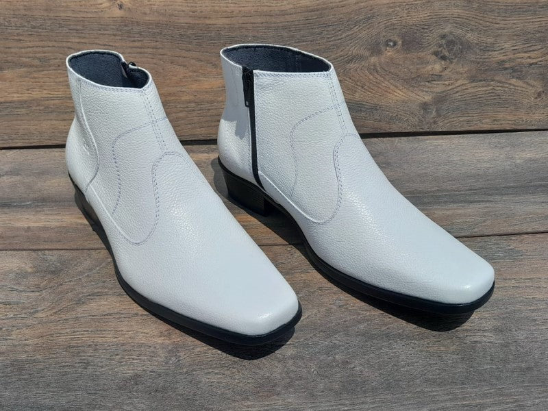 Botín con cierre, color blanco pintado a mano en punta dubay, taco aperillado para hombre (ID#B014-BLANCO)