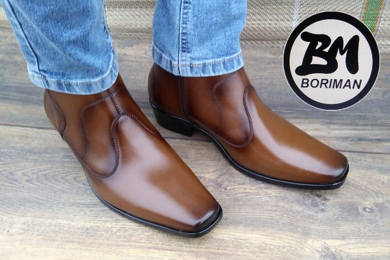 Botín con cierre, color apache pintado a mano en punta dubay, taco aperillado para hombre (ID#B014-APACHE)