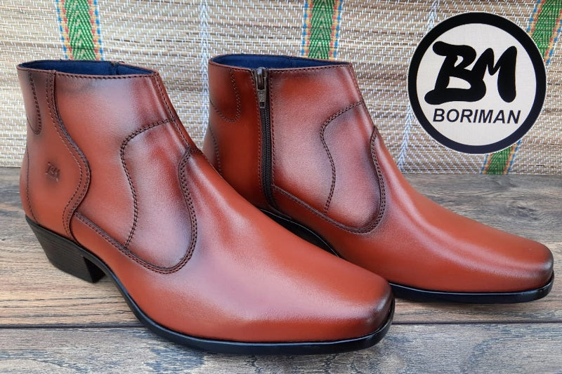Botín con cierre, color cobre pintado a mano en punta dubay, taco aperillado para hombre (ID#B014-COBRE)