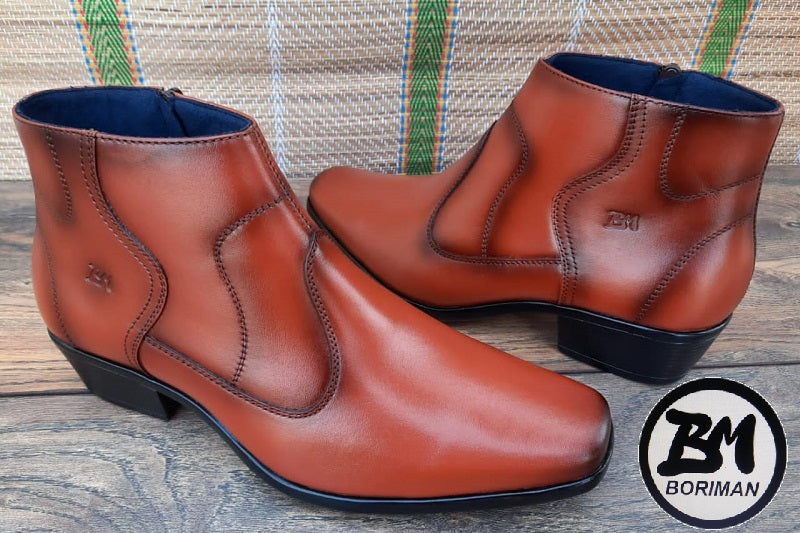 Botín con cierre, color cobre pintado a mano en punta dubay, taco aperillado para hombre (ID#B014-COBRE)