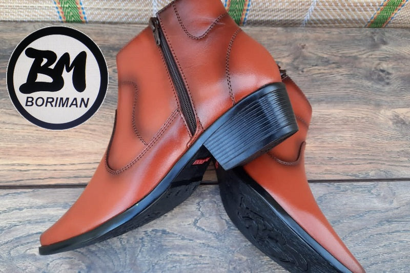 Botín con cierre, color cobre pintado a mano en punta dubay, taco aperillado para hombre (ID#B014-COBRE)