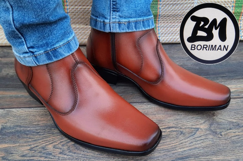 Botín con cierre, color cobre pintado a mano en punta dubay, taco aperillado para hombre (ID#B014-COBRE)