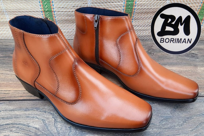 Botín con cierre, color miel pintado a mano en punta dubay, taco aperillado para hombre (ID#B014-MIEL)