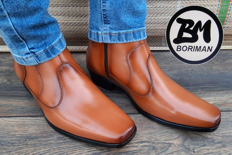 Botín con cierre, color miel pintado a mano en punta dubay, taco aperillado para hombre (ID#B014-MIEL)
