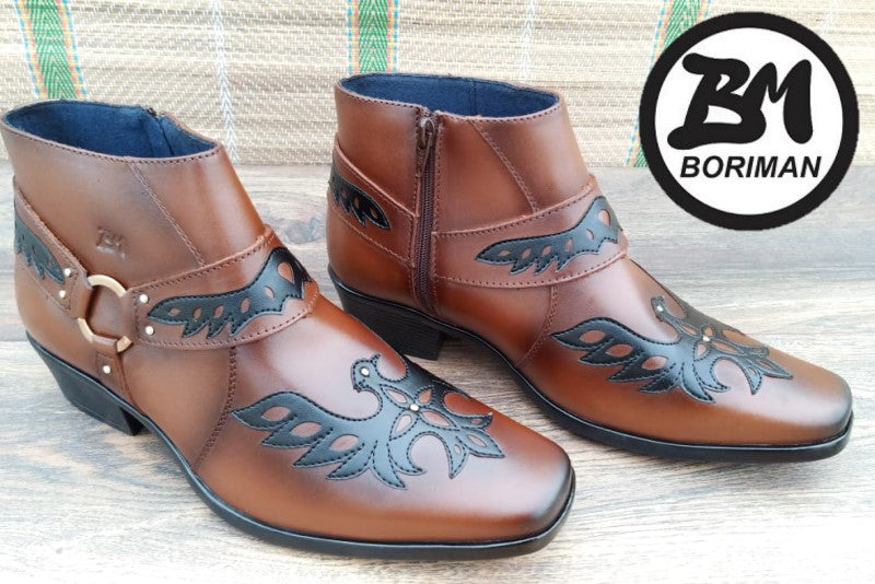 Botín con cierre, color apache pintado a mano en punta dubay, taco aperillado para hombre (ID#B021-APACHE)