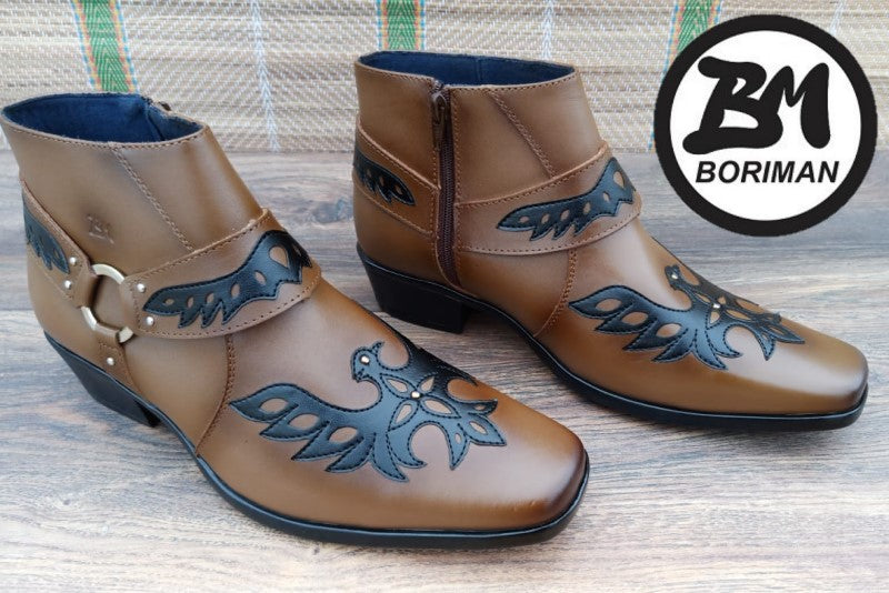 Botín con cierre, color olivo pintado a mano en punta dubay, taco aperillado para hombre (ID#B021-OLIVO)