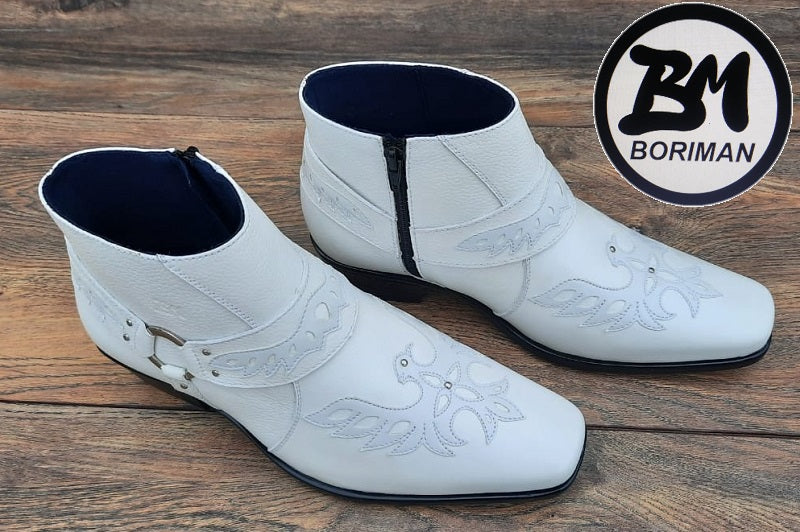 Botín con cierre, color blanco pintado a mano en punta dubay, taco aperillado para hombre (ID#B021-BLANCO)