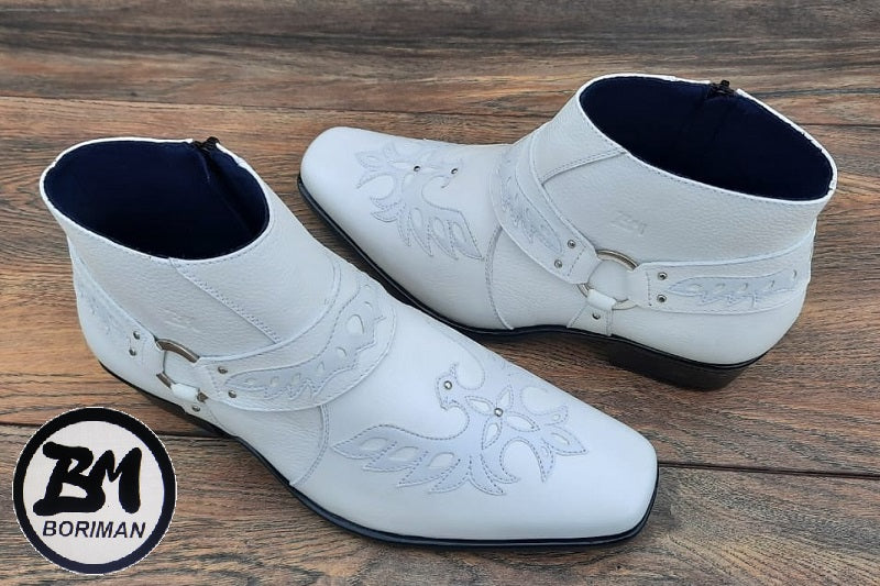 Botín con cierre, color blanco pintado a mano en punta dubay, taco aperillado para hombre (ID#B021-BLANCO)