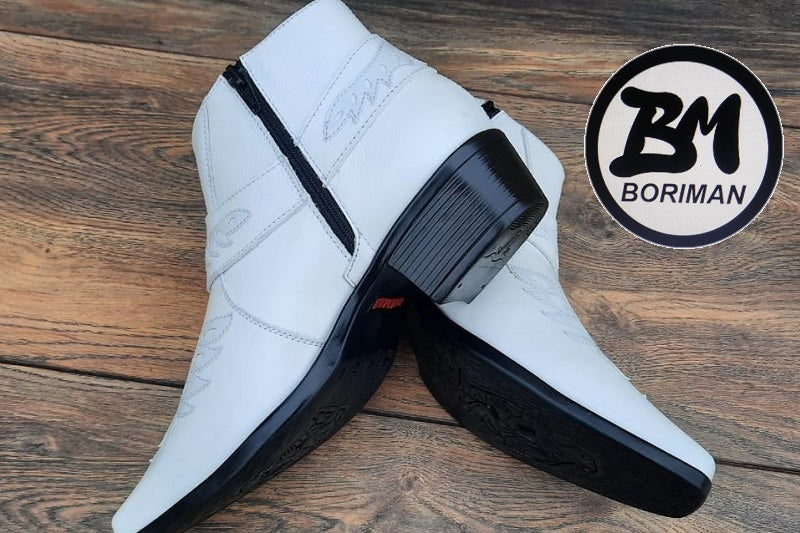 Botín con cierre, color blanco pintado a mano en punta dubay, taco aperillado para hombre (ID#B021-BLANCO)