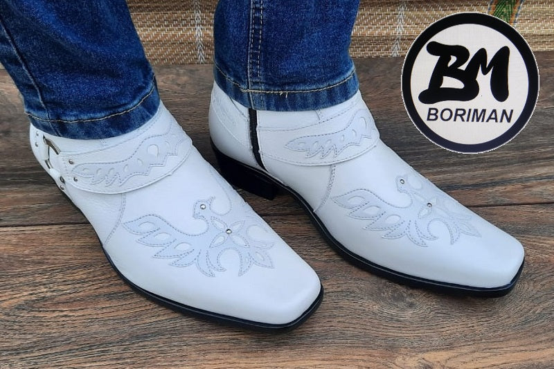 Botín con cierre, color blanco pintado a mano en punta dubay, taco aperillado para hombre (ID#B021-BLANCO)