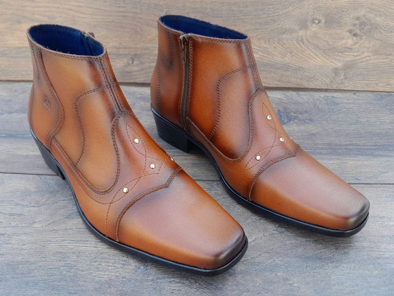 Botín con cierre, color cobre pintado a mano en punta dubay, taco aperillado para hombre (ID#B015-COBRE)