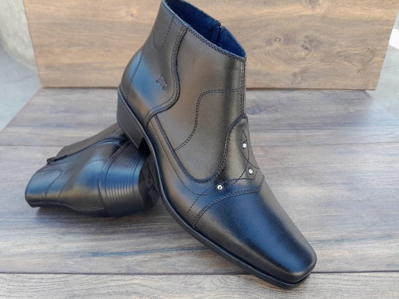 Botín con cierre, color negro pintado a mano en punta dubay, taco aperillado para hombre (ID#B015-NEGRO)
