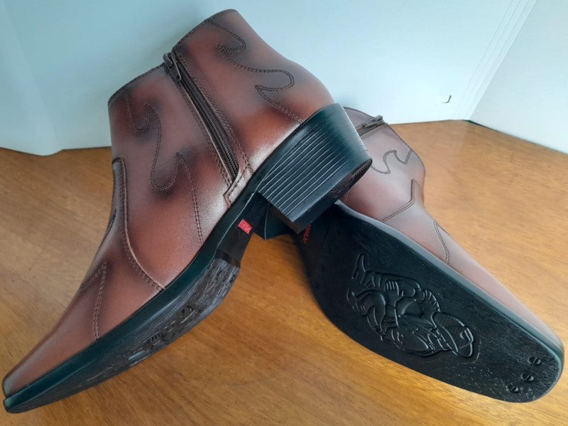 Botín con cierre, color cobre pintado a mano en punta dubay, taco aperillado para hombre (ID#B013-COBRE)