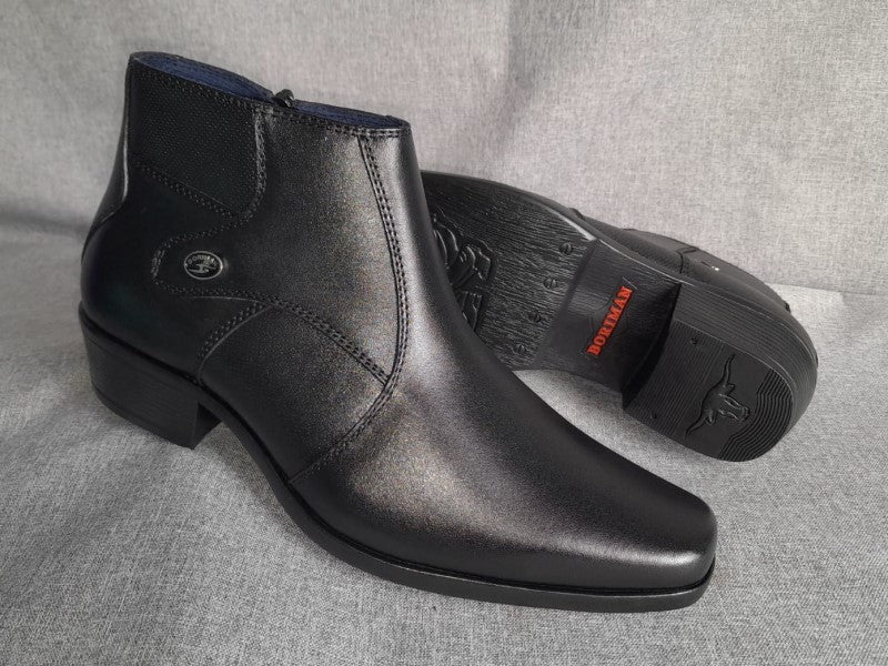 Botín con cierre, color negro pintado a mano en punta dubay, taco aperillado para hombre (ID#B090-NEGRO)