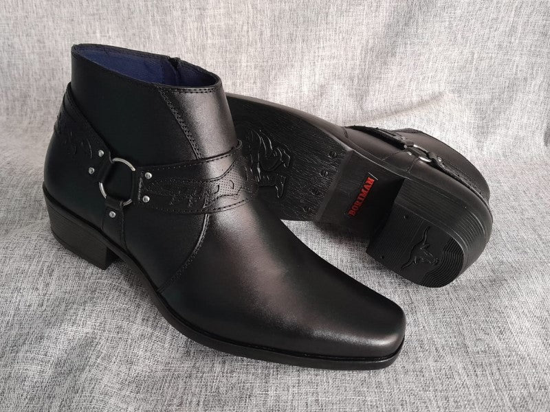 Botín con cierre, color negro pintado a mano en punta dubay, taco aperillado para hombre (ID#B020-NEGRO)