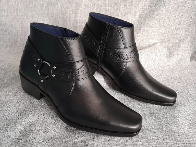 Botín con cierre, color negro pintado a mano en punta dubay, taco aperillado para hombre (ID#B020-NEGRO)