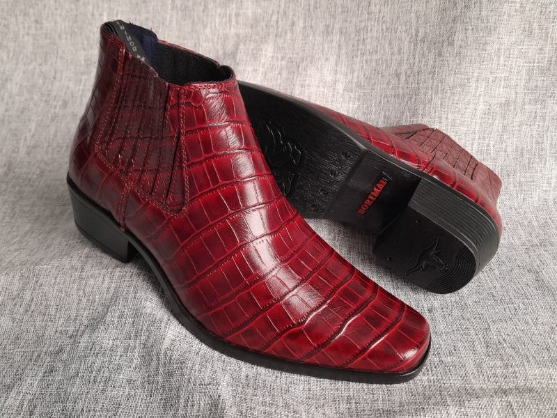 Botín Chelsea, color vino croco pintado a mano en punta dubay, taco aperillado para hombre (ID#B077-VINO/CROCO)