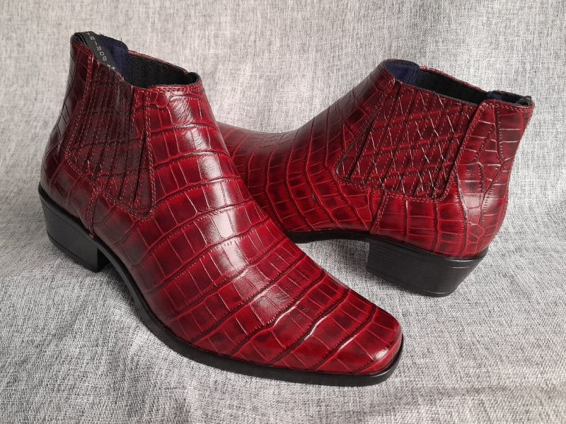 Botín Chelsea, color vino croco pintado a mano en punta dubay, taco aperillado para hombre (ID#B077-VINO/CROCO)