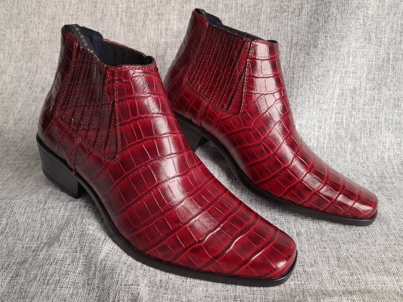 Botín Chelsea, color vino croco pintado a mano en punta dubay, taco aperillado para hombre (ID#B077-VINO/CROCO)