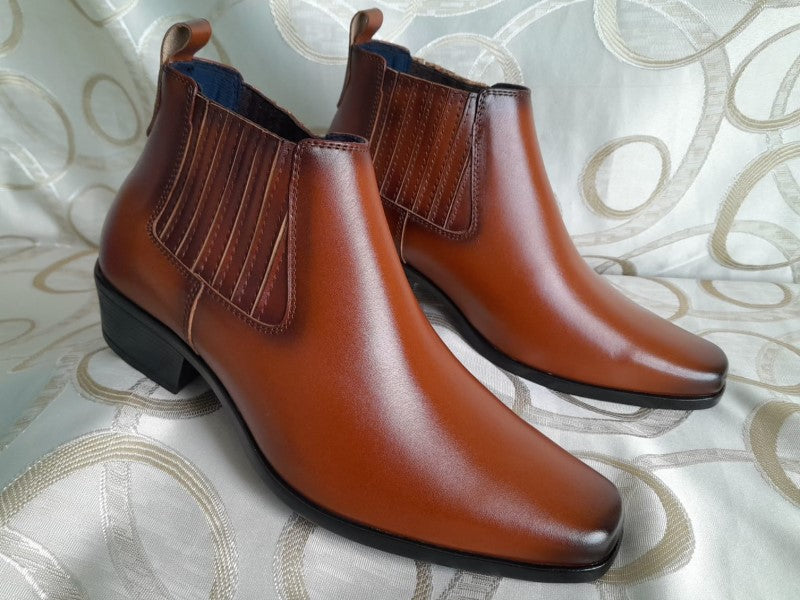 Botín Chelsea, color cobre pintado a mano en punta dubay, taco aperillado para hombre (ID#B077-COBRE)