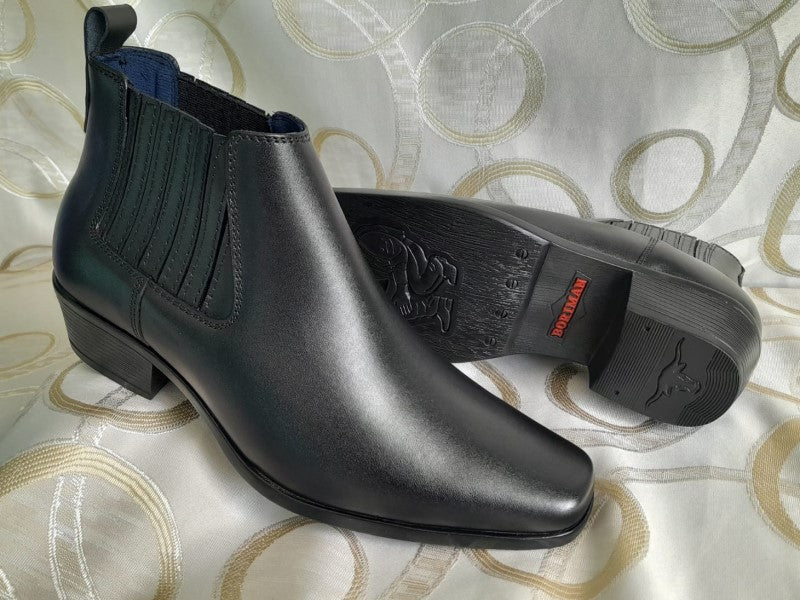 Botín Chelsea, color negro pintado a mano en punta dubay, taco aperillado para hombre (ID#B077-NEGRO)