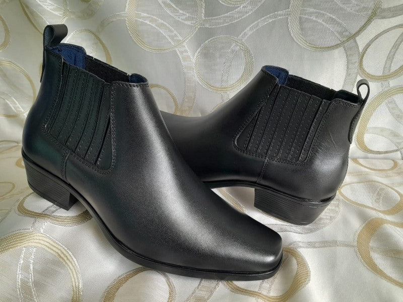 Botín Chelsea, color negro pintado a mano en punta dubay, taco aperillado para hombre (ID#B077-NEGRO)