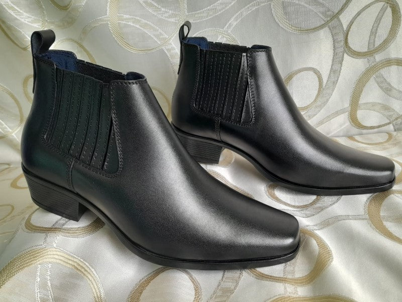 Botín Chelsea, color negro pintado a mano en punta dubay, taco aperillado para hombre (ID#B077-NEGRO)