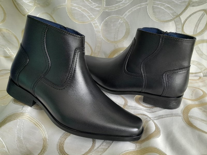 Botín con cierre, modelo "BUGATTI" color negro pintado a mano en punta dubay para hombre (ID#BUGATTI-NEGRO)