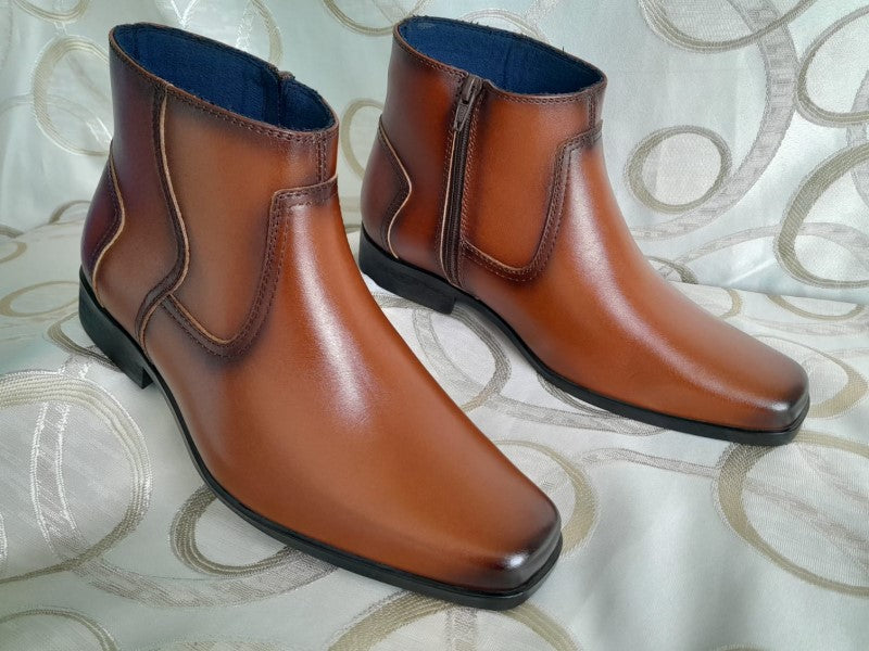 Botín con cierre, modelo "BUGATTI" color cobre pintado a mano en punta dubay para hombre (ID#BUGATTI-COBRE)