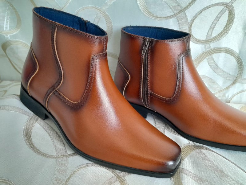 Botín con cierre, modelo "BUGATTI" color cobre pintado a mano en punta dubay para hombre (ID#BUGATTI-COBRE)