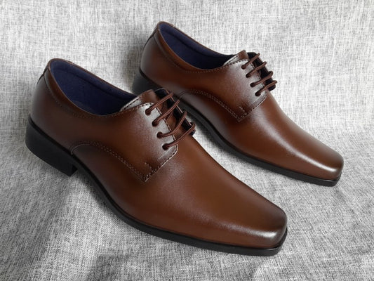 Zapatos Derby de punta dubay para hombre, color marrón, pintados a mano (ID#C046-MARRON)