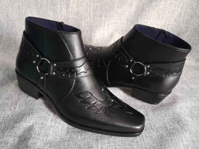 Botín con cierre, color negro/negro pintado a mano en punta dubay, taco aperillado para hombre (ID#B021-NEGRO/NEGRO)