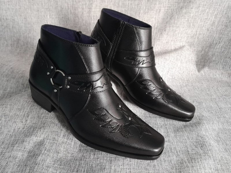 Botín con cierre, color negro/negro pintado a mano en punta dubay, taco aperillado para hombre (ID#B021-NEGRO/NEGRO)