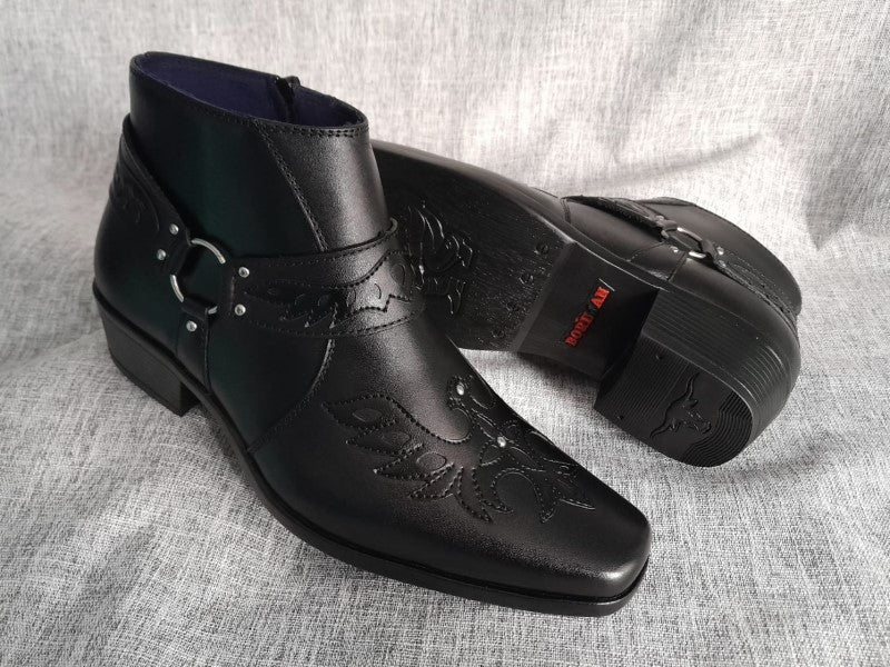 Botín con cierre, color negro/negro pintado a mano en punta dubay, taco aperillado para hombre (ID#B021-NEGRO/NEGRO)