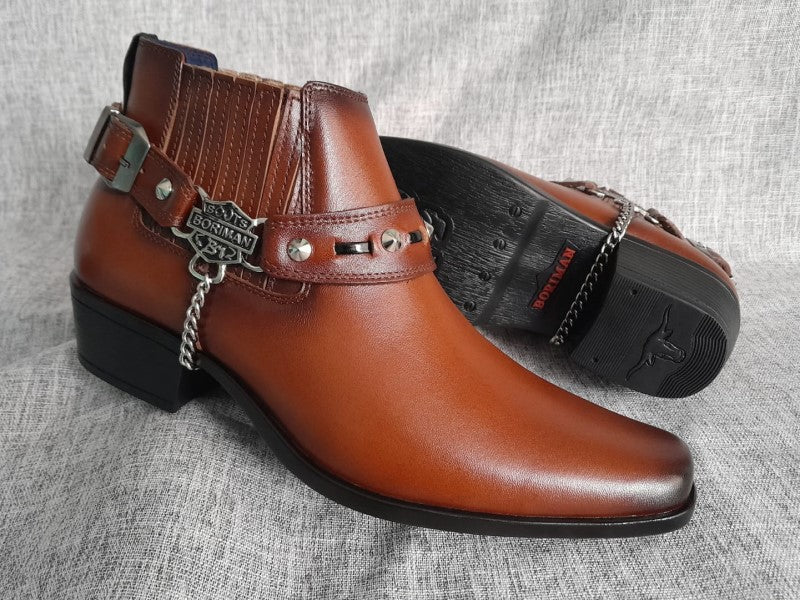 Botín Chelsea con arnés, color cobre pintado a mano en punta dubay, taco aperillado para hombre (ID#B077A-COBRE)