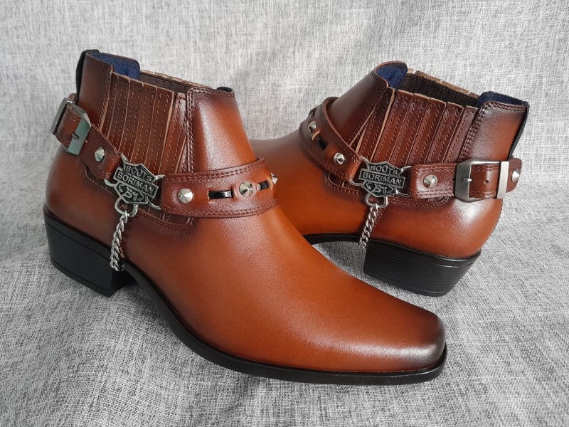 Botín Chelsea con arnés, color cobre pintado a mano en punta dubay, taco aperillado para hombre (ID#B077A-COBRE)