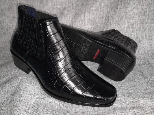Botín Chelsea, color negro croco pintado a mano en punta dubay, taco aperillado para hombre (ID#B077-NEGRO/CROCO)