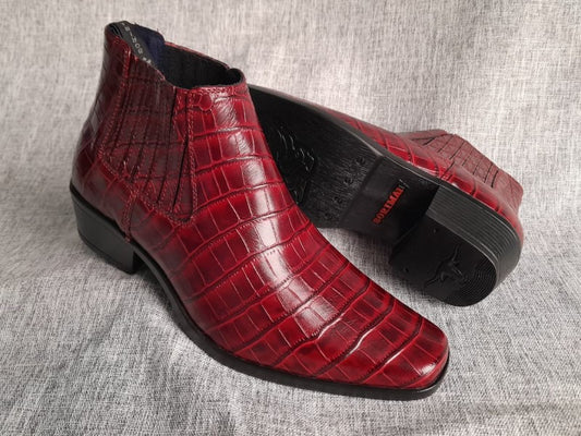 Botín Chelsea, color vino croco pintado a mano en punta dubay, taco aperillado para hombre (ID#B077-VINO/CROCO)