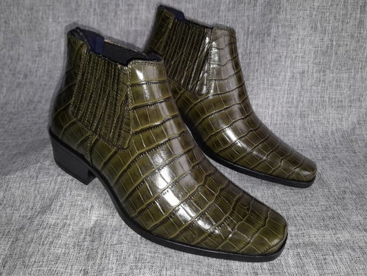 Botín Chelsea, color olivo croco pintado a mano en punta dubay, taco aperillado para hombre (ID#B077-OLIVO/CROCO)